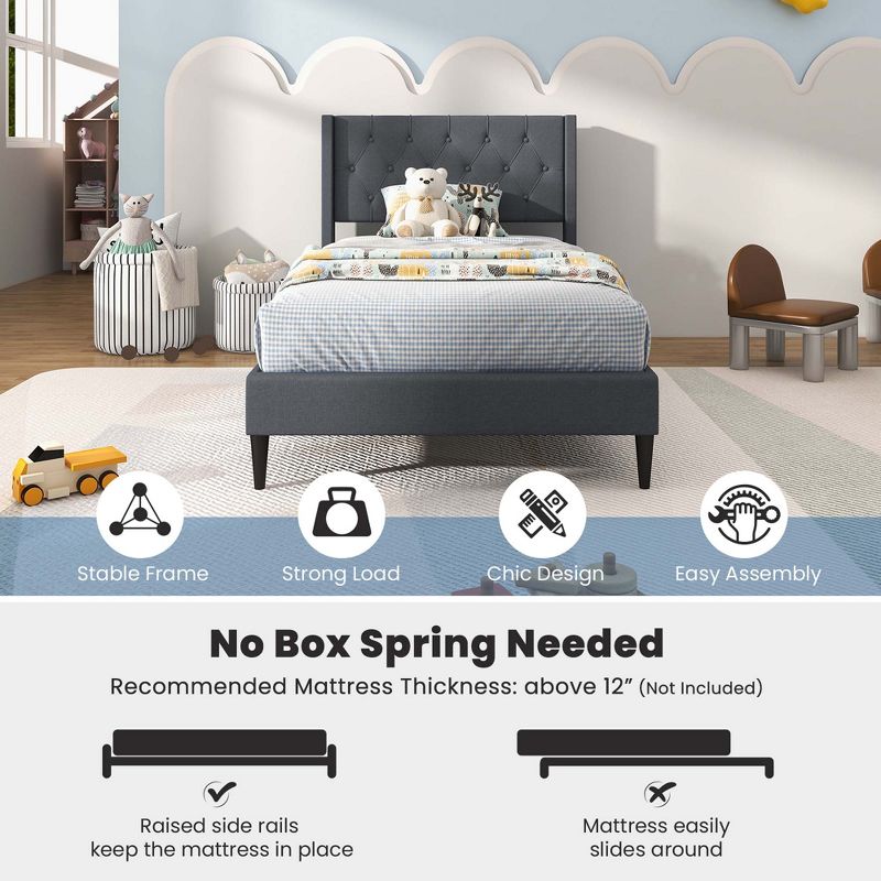 Costway Twin Size Upholstered Platform Bed with Button Tufted Wingback Headboard Blue/Grey, 4 of 11