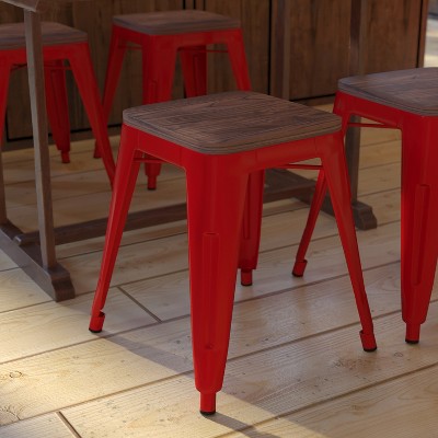 Red 18" Backless Metal Dining Stools with Wooden Seats, Set of 4