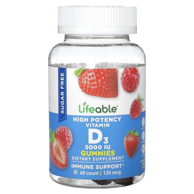 Lifeable High Potency Vitamin D3 Gummies, Sugar Free, Natural Berry, 125 mcg (5,000 IU), 60 Gummies
