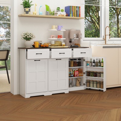 58 in.W Kitchen Island with Hidden Trash Cabinet, Modular Storage & Height-Adjustable Shelves