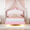 Full/Twin Size Upholstered Princess Bed With Crown Headboard, Light Strips and Golden Metal Legs, White+Pink 4W - ModernLuxe - 2 of 4