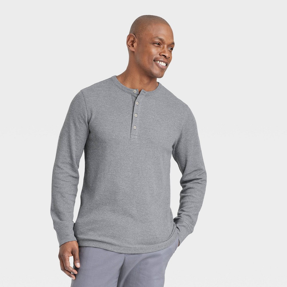 Men's Long Sleeve Textured Henley Shirt - Goodfellow & Co Gray L