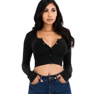 Slickblue Women's Ribbed Long Sleeve Crop Top, Snap Button Front Fitted Tee, 8 Color Options, Size S-L - 1 of 4