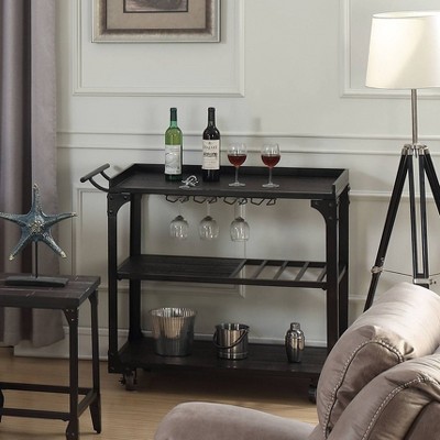 Rustic Black and Brown Wood Server Cart with Wine Rack