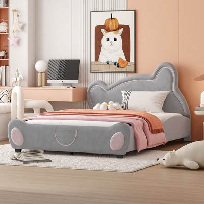 Twin/Full/Queen Size Velvet Upholstered Platform Bed with Bear-Shaped Headboard and Bed-End Storage Pocket 4W - ModernLuxe