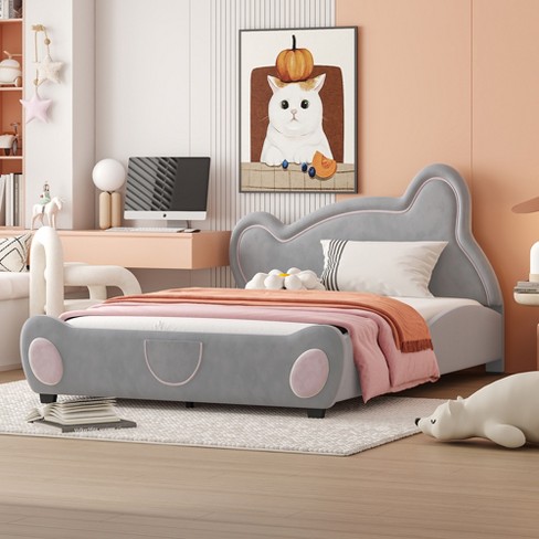 Full Size Velvet Upholstered Platform Bed With Bear-shaped Headboard ...