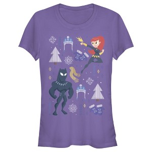 Juniors Womens Marvel Christmas Black Widow  & Panther T-Shirt - 1 of 3