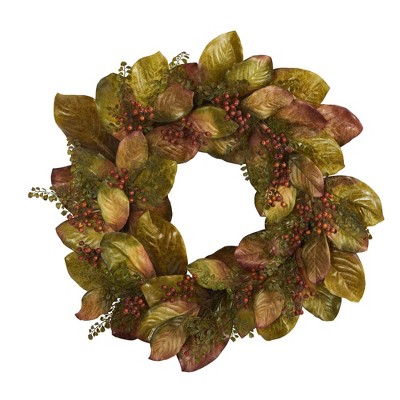 Nearly Natural 30” Fall Magnolia Leaf and Berries Artificial Wreath