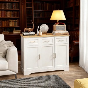ORRD Kitchen Island with Storage, Butcher Block Sideboard Buffet Cabinet with Adjustable Shelf, White & Wood Grain - 1 of 4