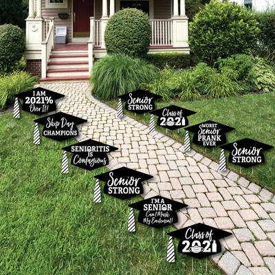 Big Dot of Happiness Senior Strong - Grad Caps Lawn Decorations - Outdoor Class of 2021 Graduation Party Yard Decorations - 10 Piece