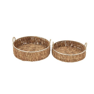 Set Of 2 Round Handwoven Natural Seagrass Basket Trays With