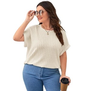 Womens Summer Tops Casual Solid Color Vertical Bat Sleeve Loose Short Sleeve Large Size T-Shirt - 1 of 4