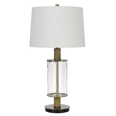 31" Morrilton Glass and Metal Table Lamp with Wood Poles Hardback Fabric Drum Shade Antique Brass - Cal Lighting