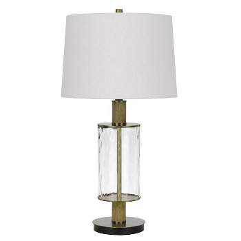 31" Morrilton Glass and Metal Table Lamp with Wood Poles Hardback Fabric Drum Shade Antique Brass - Cal Lighting