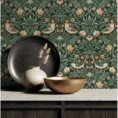 Forest Green Bird and Floral Peel and Stick Wallpaper