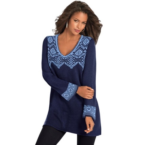 Roaman's Women's Plus Size Fit-and-flare Tunic Sweater, 12 - Navy French  Blue Fair Isle : Target