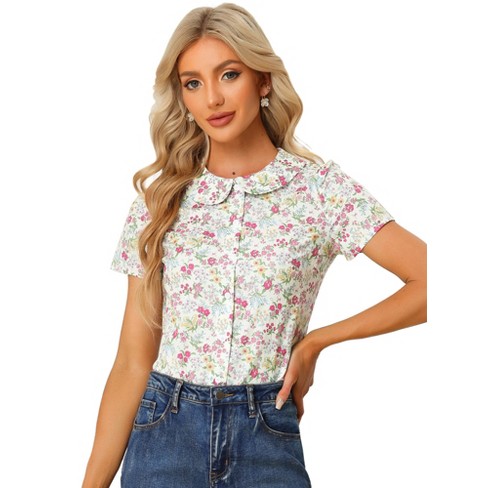 Allegra K Women's Floral Ruffled Short Sleeve Mock Neck Blouses Grayish  Green X-small : Target