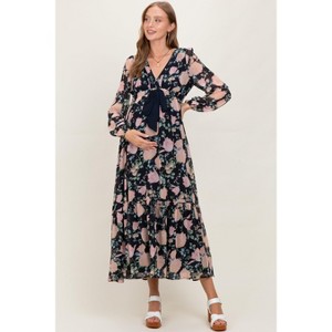 Pinkblush Navy Floral Chiffon Bow Tie Front Maternity Maxi Dress - 1 of 4
