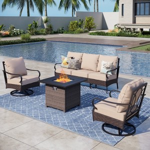 Captiva Designs 4pc Extra Large Metal and Rattan Outdoor Patio Fire Pit Set with Swivel Armchairs - 1 of 4