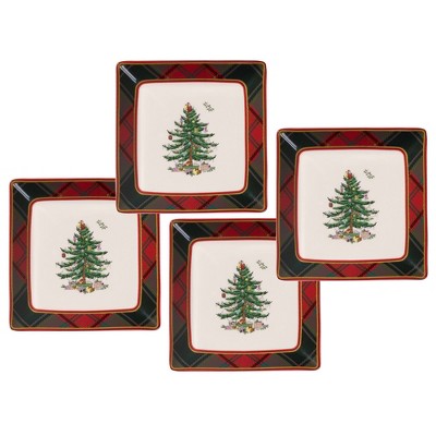 Spode Christmas Tree Tartan 5 Inch Square Tidbit Plate, Set of 4
