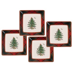 Spode Christmas Tree Tartan 5 Inch Square Tidbit Plate, Set of 4 - 1 of 4