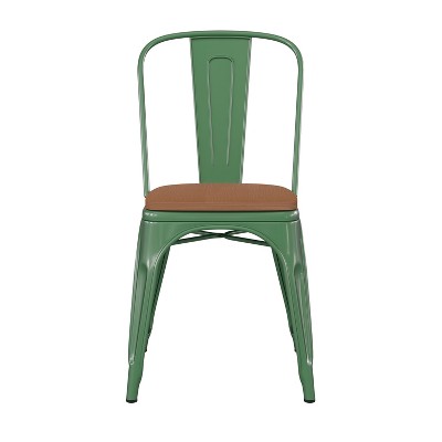 Green Metal Indoor-Outdoor Stackable Chair with Teak Seat