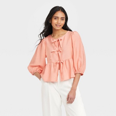 Women's Elbow Sleeve Peplum Tie-Front Blouse - A New Day™ Pink XS