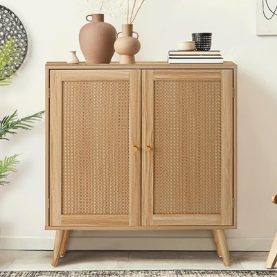 Buffet Cabinet with Storage and Adjustable Shelves, Rattan Door Accents, Solid Wood Feet, Sideboard for Hallway, Entryway, Living Room