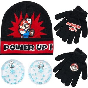 Nintendo Super Mario Bros. Winter Hat and 2 Pair Gloves (Toddlers/Little Boys), Size Age 4-7,Super Mario Gloves Set Black with Handwarmers - 1 of 4