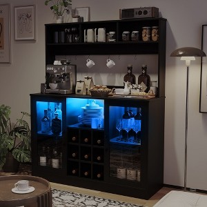 Coffee Bar Cabinet Wine Rack with LED Light, Power Outlet, Adjustable Shelf, 9 Wink Racks and 6 Hooks, Buffet Sideboard For Inside Cabinet - 1 of 4