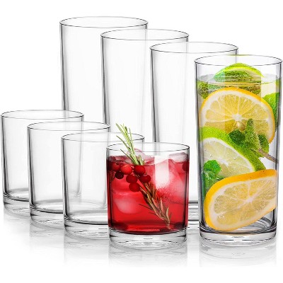 Zulay Plastic Tumblers Drinking Glasses Set of 8 Clear 4 Each: 12oz and 16oz Acrylic Cups - Unbreakable BPA Free Dishwasher Safe Plastic Glasses Set