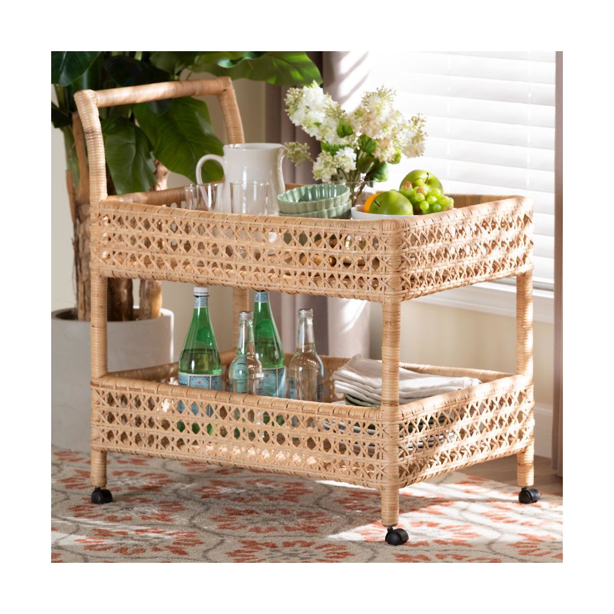 bali & pari,Alaina Natural Rattan Kitchen Cart - 2-Tier Handwoven Wicker Storage Trolley - thumbnail 9