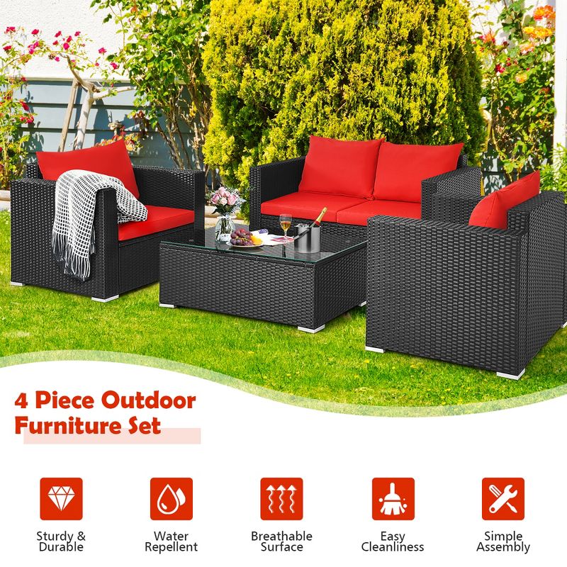 Costway 8PCS Patio Rattan Furniture Set Cushioned Sofa Chair Coffee Table Turquoise\Red\Black, 5 of 10