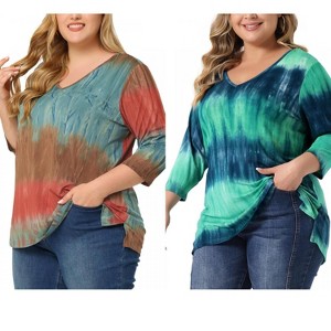 Women's Plus Size 2 Pieces Tie Dye Side Slit 3/4 Sleeve V Neck Casual Stripe Blouse - Agnes Orinda - 1 of 4