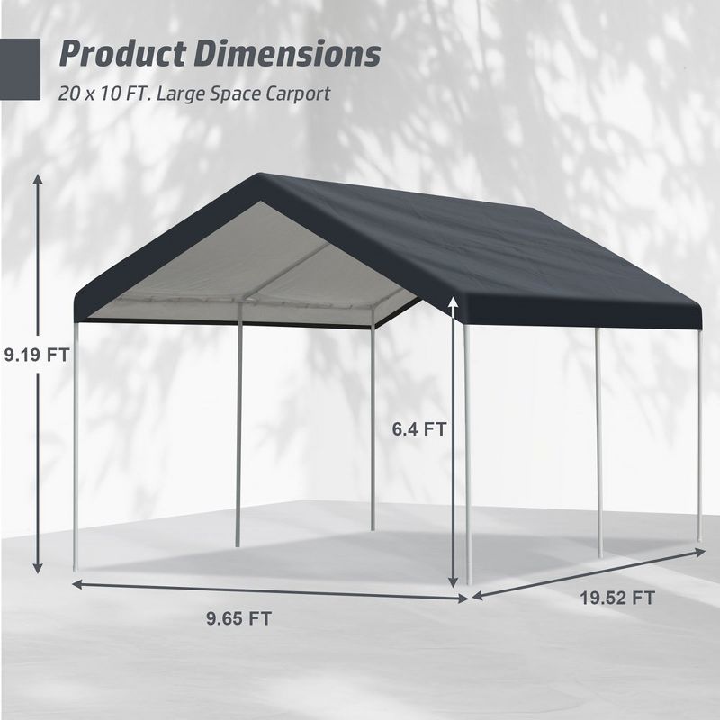 Aoodor 20 x 10 FT. Portable Vehicle Carport Party Canopy Tent Boat Shelter Cover, Heavy Duty Metal Frame, 4 of 9