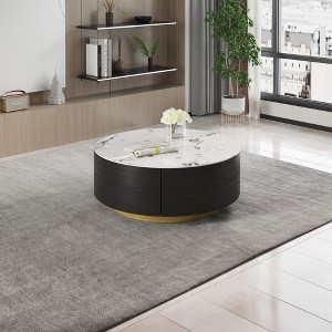 Round Coffee Table with 2 Storage Drawers,White Sintered Stone Coffee Table, Modern Durable Metal Frame Accent Table Perfect for Living Room or Office - 1 of 4