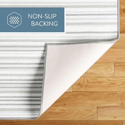 Layne Silver Gray Stripe Washable Synthetic Area Rug 6' x 9'