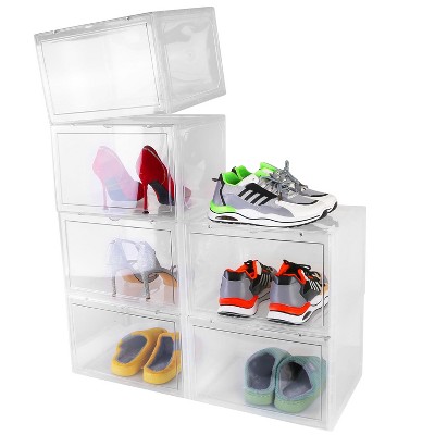 NewHome"6-Pack Collapsible Stackable Shoe Storage Box, Transparent, Dustproof with Magnetic Door"Clear