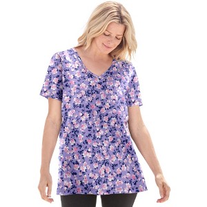 Woman Within Plus Size Perfect Printed Short-Sleeve V-Neck Tee - 1 of 4