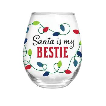 Evergreen 17 OZ Stemless Glass w/Box, Santa is my bestie- Christmas Holiday Wine Glass and Gifts