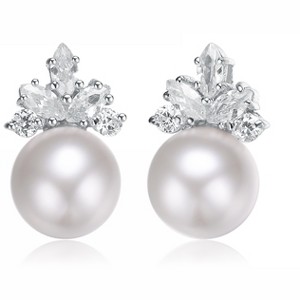Guili Marquise Elegance Cubic Zirconia Sterling Silver Rhodium Plated 10mm White Mother of Pearl Earrings for a Delicate Luxe Look Shine - 1 of 4