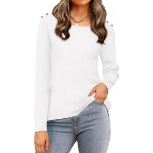 INSPIRE CHIC Women's Ribbed Knit Long Sleeve Crew Neck Button Decor Sweater - 1 of 4