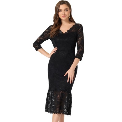 Allegra K Women's Elegant V Neck 3/4 Sleeve Lace Mermaid Bodycon Dress