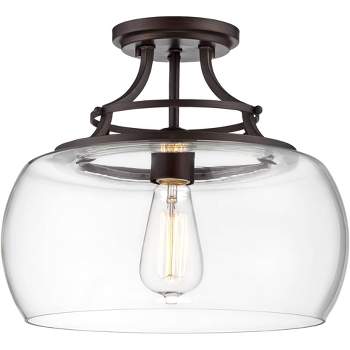 Franklin Iron Works Charleston Industrial Modern Farmhouse Ceiling Light Semi Flush Mount Fixture 13 1/2" Wide Bronze LED Clear Glass for Bedroom Home