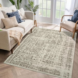 Vintage Floral Area Rug, Elegant Thin Carpet with Refined Design, Easy-Clean Low Pile for Living Room, Bedroom, Entryway - 1 of 4