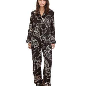 Anna-Kaci Lounge Women's Animal Print Woven Pajama Set with Button Front Long Sleeve Top and Relaxed Fit Pants - 1 of 4