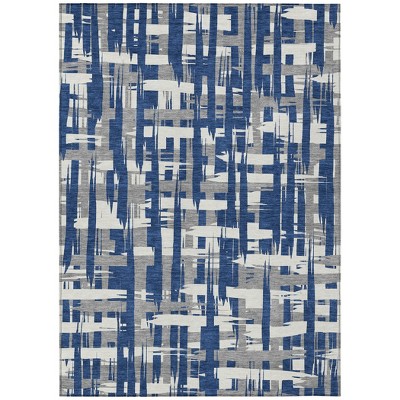 Navy Blue Gray And Ivory Striped Washable Indoor Outdoor Area Rug