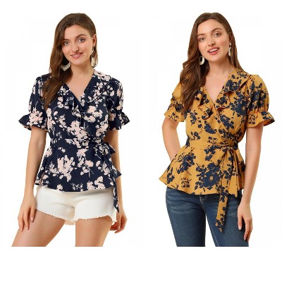 INSPIRE CHIC Women's Floral V Neck Tie Waist Belted Ruffle Wrap Shirt 2 Pcs