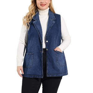 Agnes Orinda Women's Plus Size Sleeveless Buttons Notched Collar with Pockets Demin Vests - 1 of 4