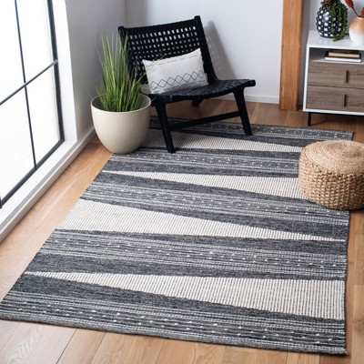 Black and Ivory Striped Wool Cotton Flat Woven Area Rug